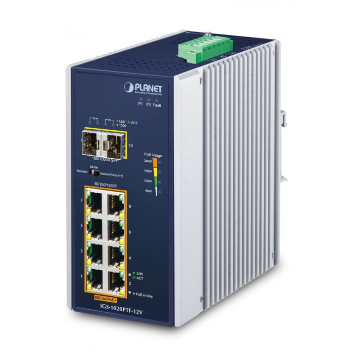 PLANET IGS-1020PTF-12V Industrial 8-Port Gigabit PoE+ Switch with 2 SFP and 12V Booster