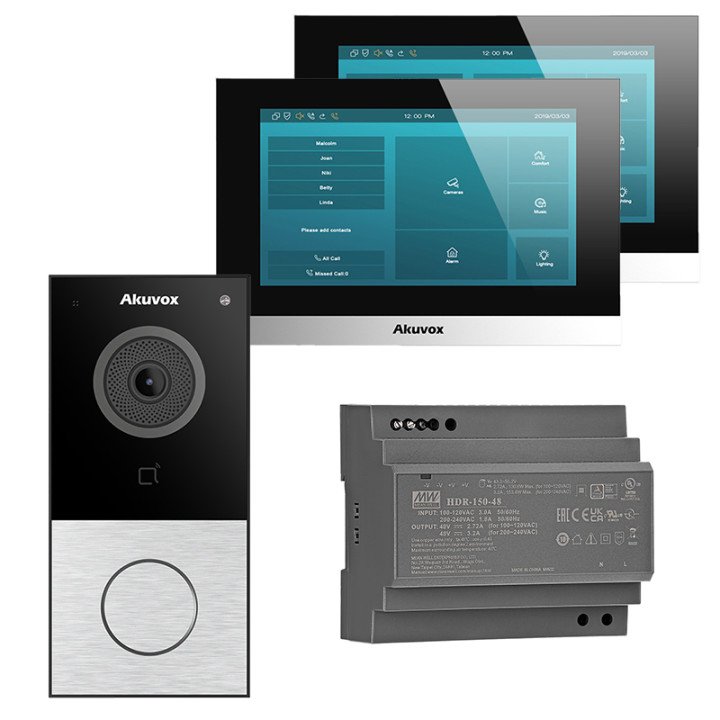 Akuvox 2-Wire Video Intercom Kit: E12S-2 Outdoor Panel Silver + 2x C313W-LP-2 7" Touchscreen Monitors