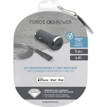 Force Power CAC Lightning/USB vastupidav kaabel ja auto kiirlaadija komplekt