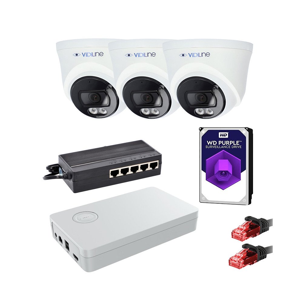 IP -valvontapakkaus 3 -kamerat 4MPX Poe Switch 1TB Vidiline HDD