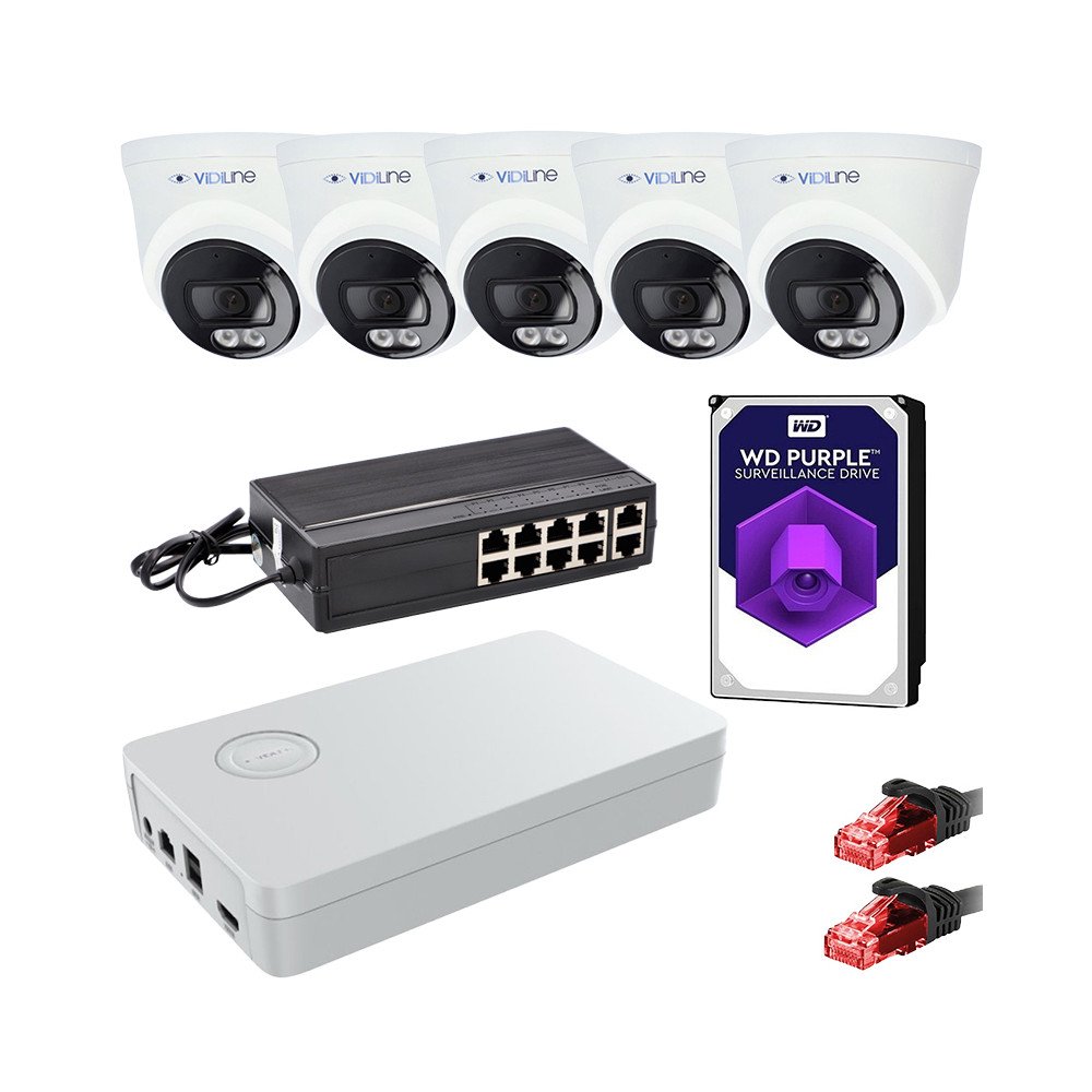 IP Surveillance Kit with 5 Cameras 4Mpx PoE Switch 1TB ViDiLine HDD