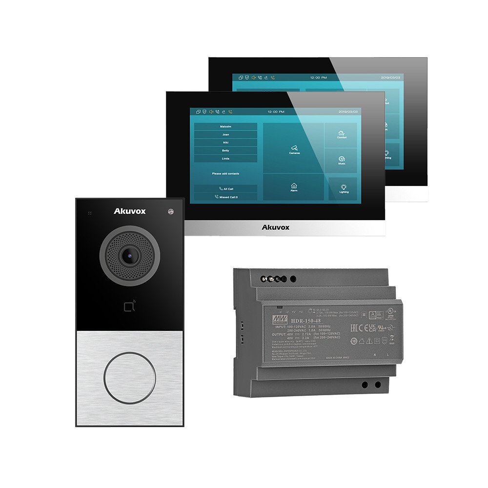 Akuvox-paneeli E12S 2-Wire-video-intermoottori Set Silver + 2 Monitors C313W-LP-2