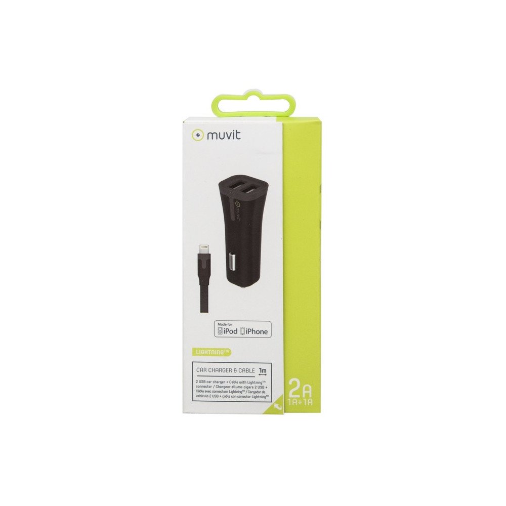 Muvit MUPAK0285 pack black car charger 2 USB 2A + cable lightning MFI 1M