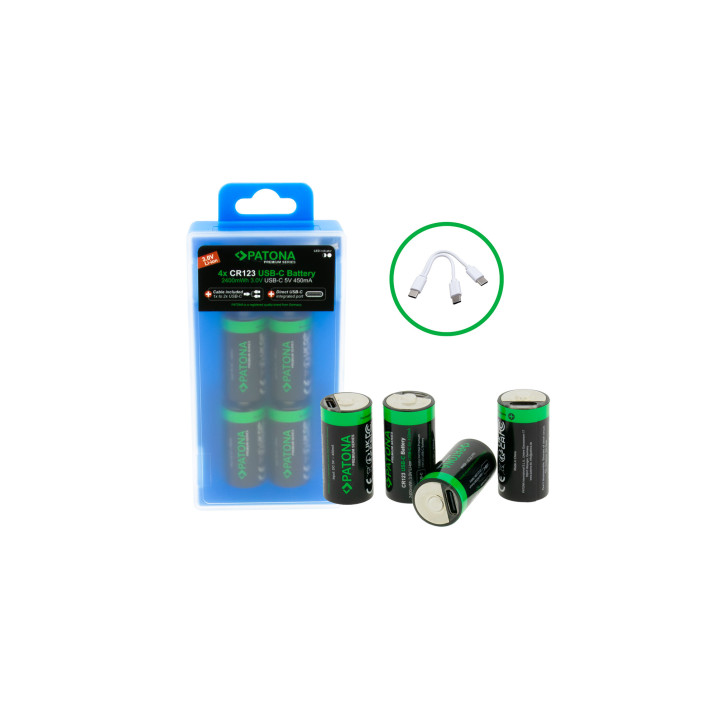 Patona PT1388 CR123A Li-ion 800mAh 3V Battery 4-Pack with USB-C Charger