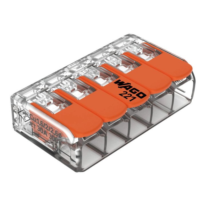 COMPACT Splicing Connector, for all conductor types, max. 6 mm2, 5-conductor, with levers, transparent housing, Surrounding air 