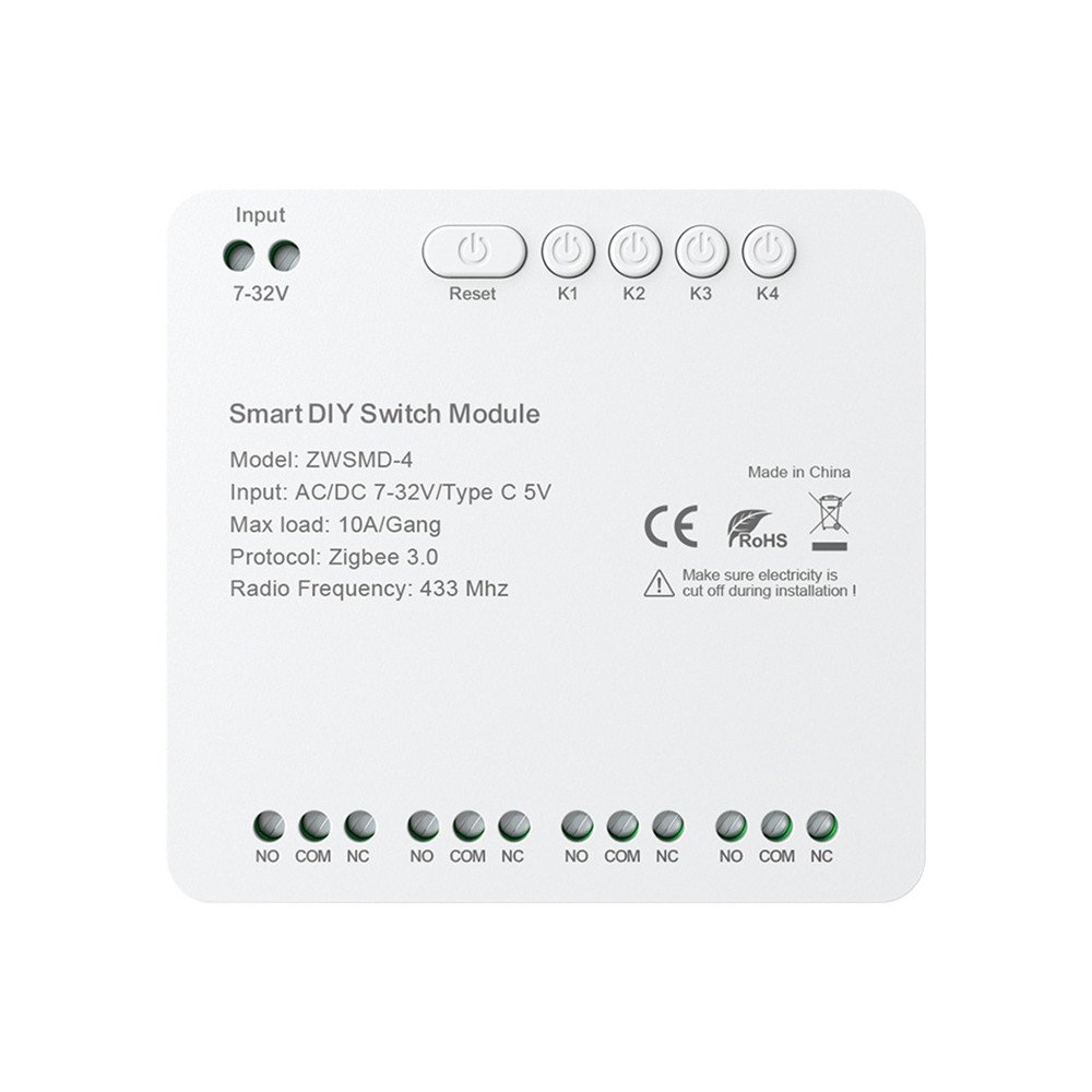 4-kanavainen ZigBee-kytkinmoduuli, jossa jannitteeton DC 32V kosketin Avatto ZWSMMD-4-32V