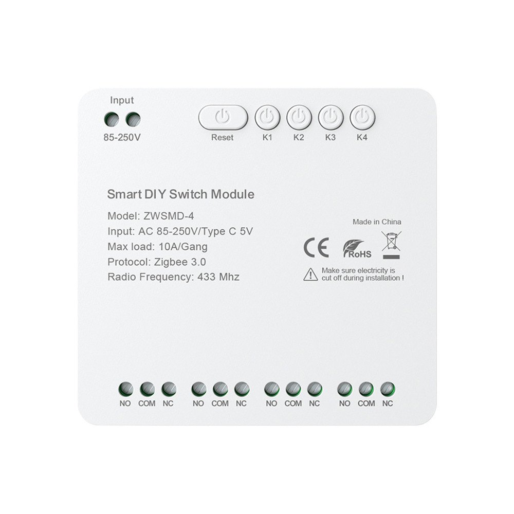 ZigBee 4 kanalu jungiklio modulis su be itampos DC 32V kontaktu Avatto ZWSMMD-4-250V
