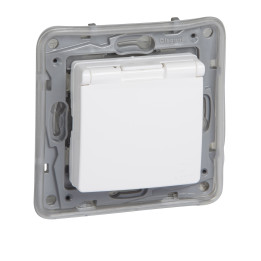 2P+E German std socket outlet Niloe -with shut. -IP44 + flap -auto. term. -white
