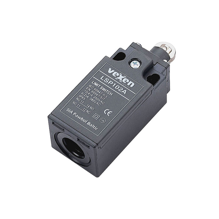LSP102A eigos jungiklis 1NO/1NC plastikiniame korpuse IP65 su metaliniu ritininiu stūmokliu