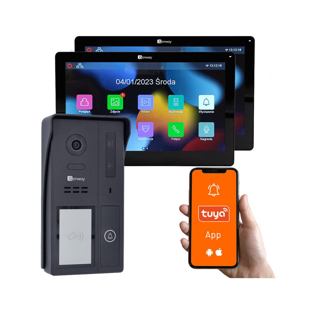 Genway F-S61-V13-2C vienas gimenes 2 vadu video domofona komplekts ar diviem 7 collu skarienjutigajiem monitoriem WiFi un Tuya