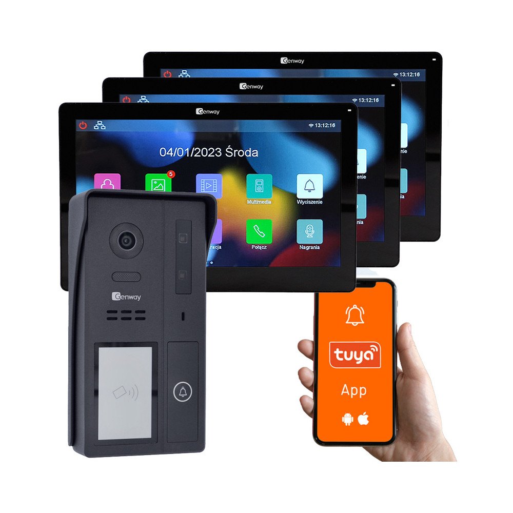 Genway F-S61-V13-3C uhepere 2-juhtmeline video sisetelefon kolme 7-tollise puuteekraaniga WiFi ja Tuya