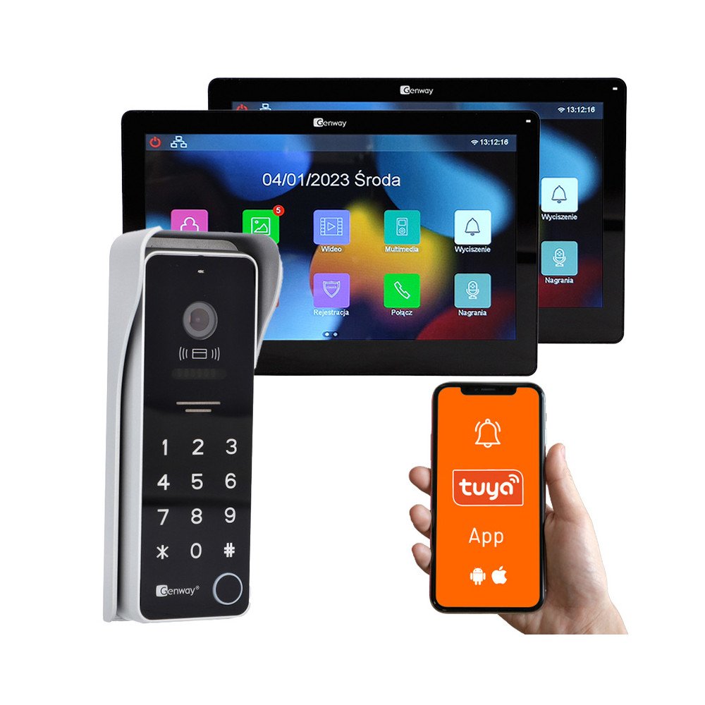 Genway F-S9V13-2W-C-2 - divu vadu video domofonu komplekts, 2 skarienjutigi monitori 7" WiFi Tuya