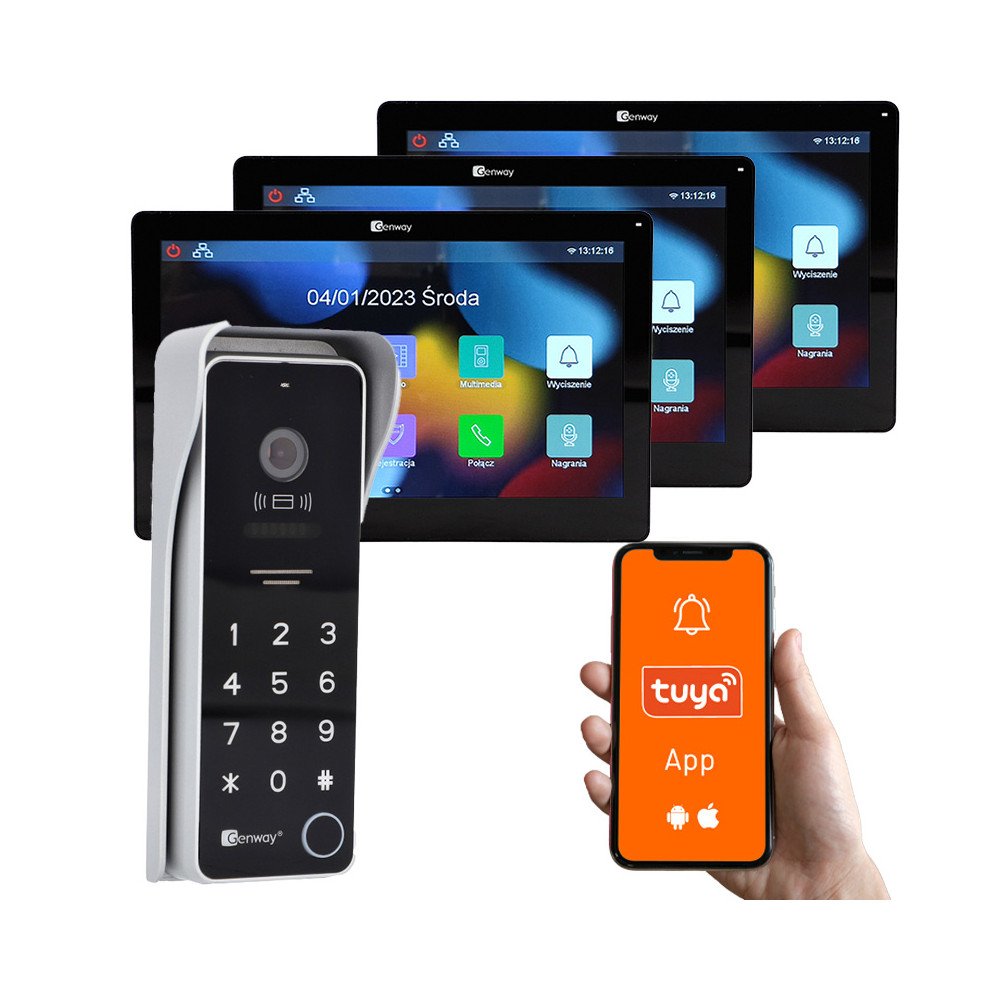 Genway F-S9V13-2W-C-3 - Two-wire video intercom set 3 touch monitors 7" WiFi Tuya