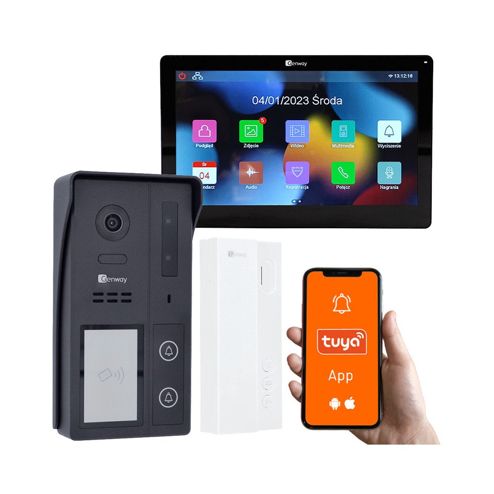 Genway 2 vadu video domofona komplekts ar 7" WiFi un Tuya skarienjutigu monitoru un papildu klausuli