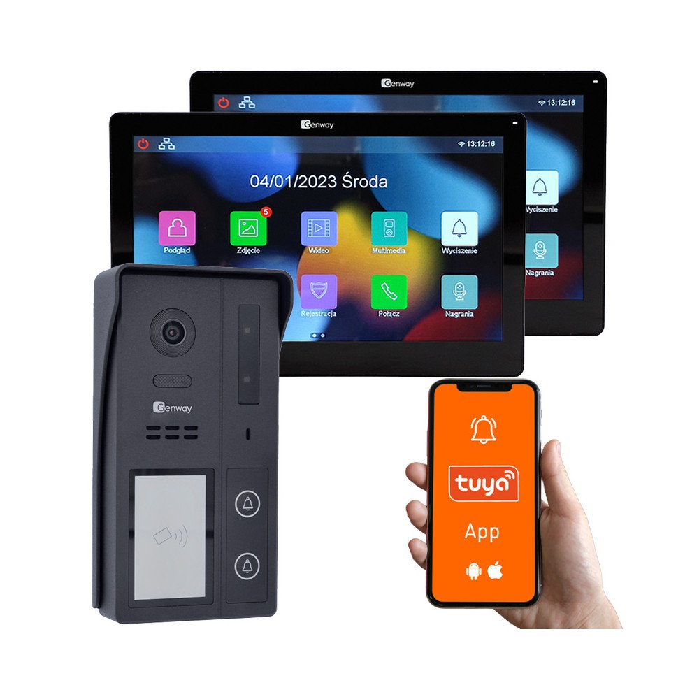 Genway KIT-F-S62-V13-2C 2 laidu vaizdo domofonas su dviem 7 coliu jutikliniais monitoriais WiFi ir Tuya