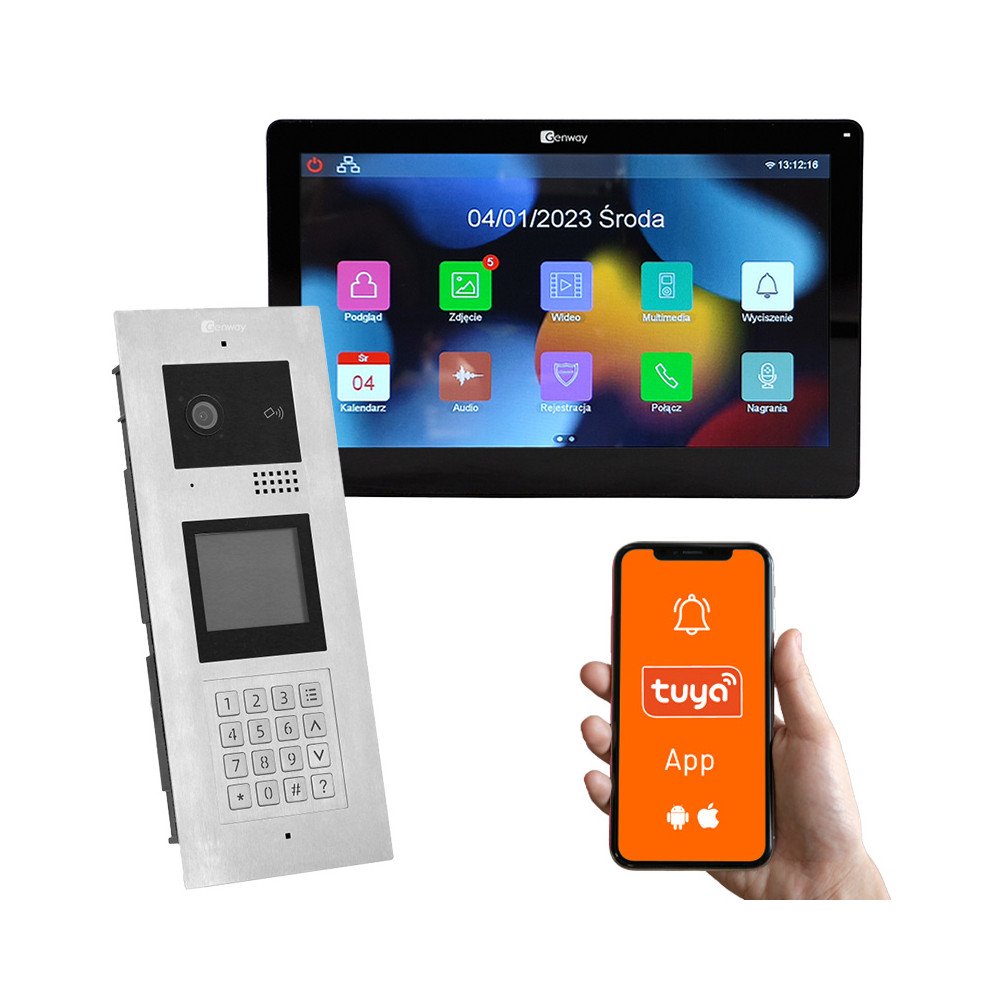 Multi-family video intercom with touch screen, 1 family, opening with code, card, key fob, answering on Tuya phone