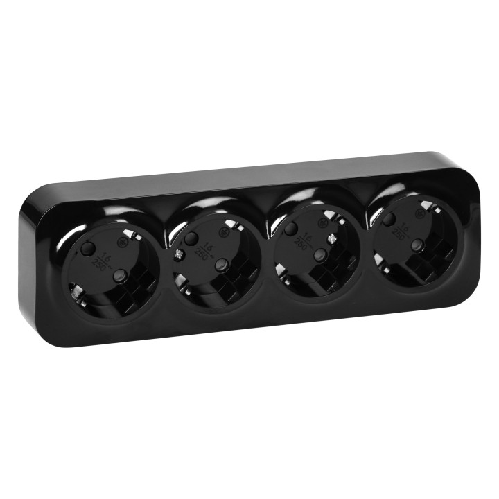 4-osaline seinakontakt ToDo, 2P+E, Schuko tüüp, IP20, 16A, 230V AC, must