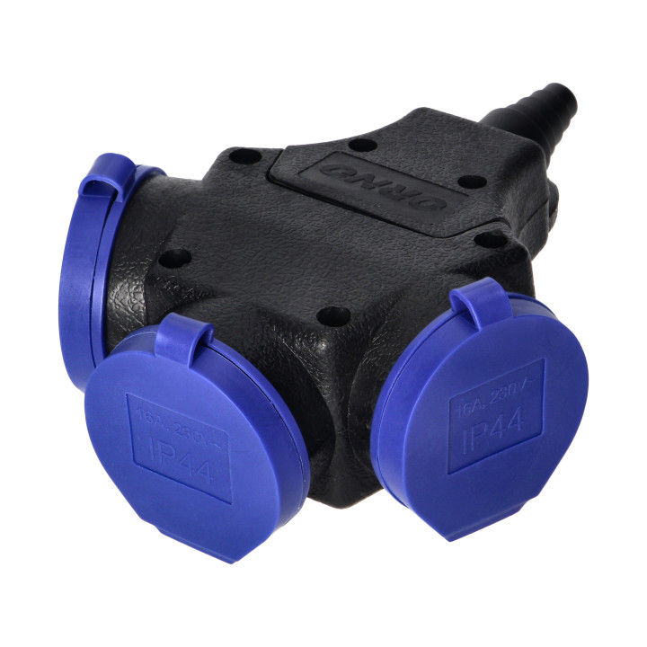 3-suunaline veekindel pikenduspesa vastupidavas IP44 korpuses, 3x2P+E Schuko, 16A, 230V AC