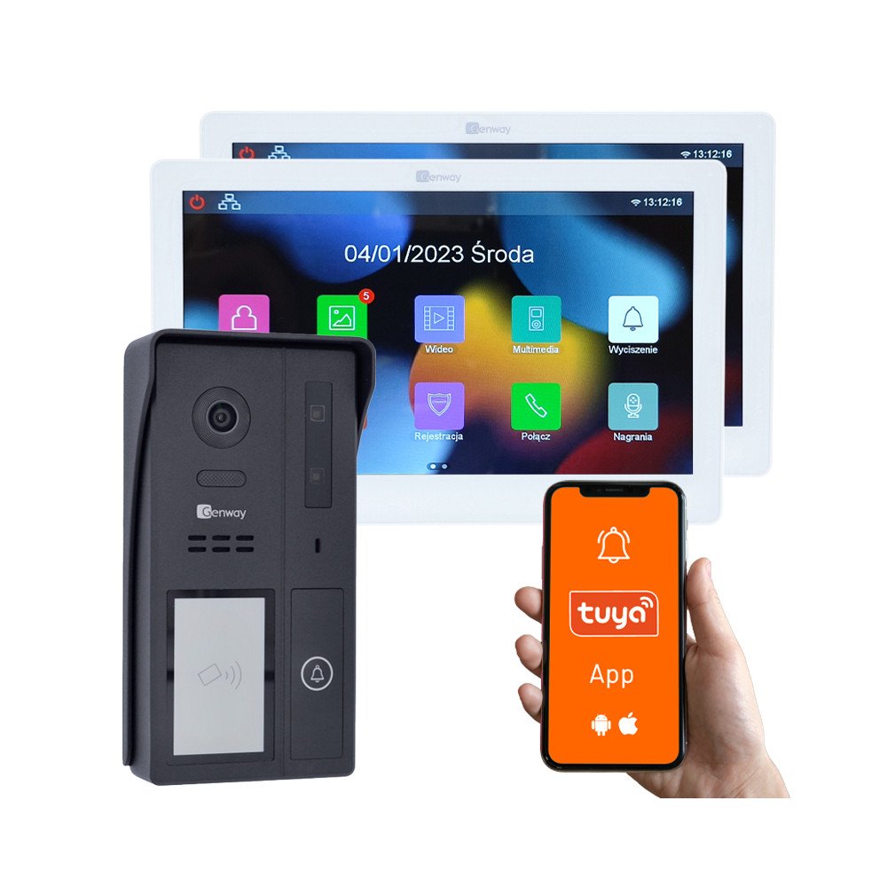 Genway F-S61-V14-2 vienas gimenes 2 vadu video domofona komplekts ar diviem 10 collu skarienjutigajiem monitoriem WiFi un Tuya