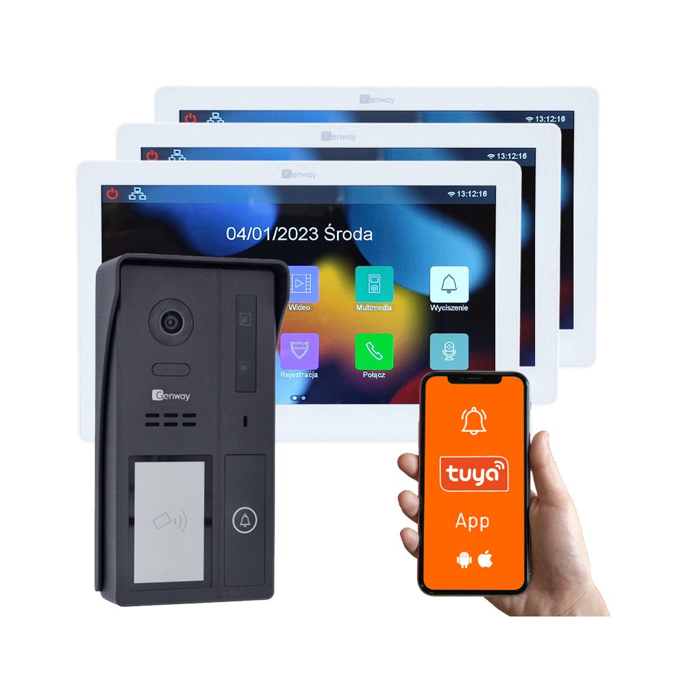Genway F-S61-V14-3 vienas gimenes 2 vadu video domofona komplekts ar trim 10 collu skarienekrana monitoriem WiFi un Tuya