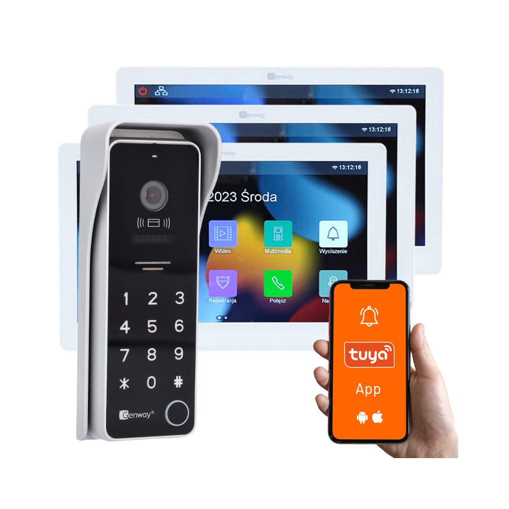 Genway F-S9-V14-2W-3 Videomofon transportlidzekla komplekts ar 2 venoziem 3 monitoriem 10 collu WiFi Tuya