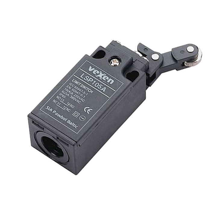 LSP105A eigos jungiklis 1NO/1NC plastikiniame korpuse IP65 su plastikine ilga ritinine svirtimi ant plieninio stūmoklio