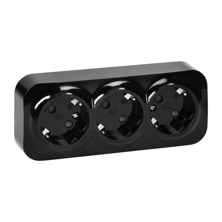 3-osaline seinakontakt ToDo, 2P+E, Schuko tüüp, IP20, 16A, 230V AC, must