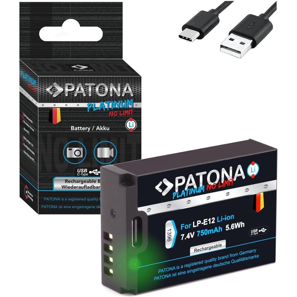 Aku Canon LP-E12 750 mAh Li-Ion Platinum USB-C lataus