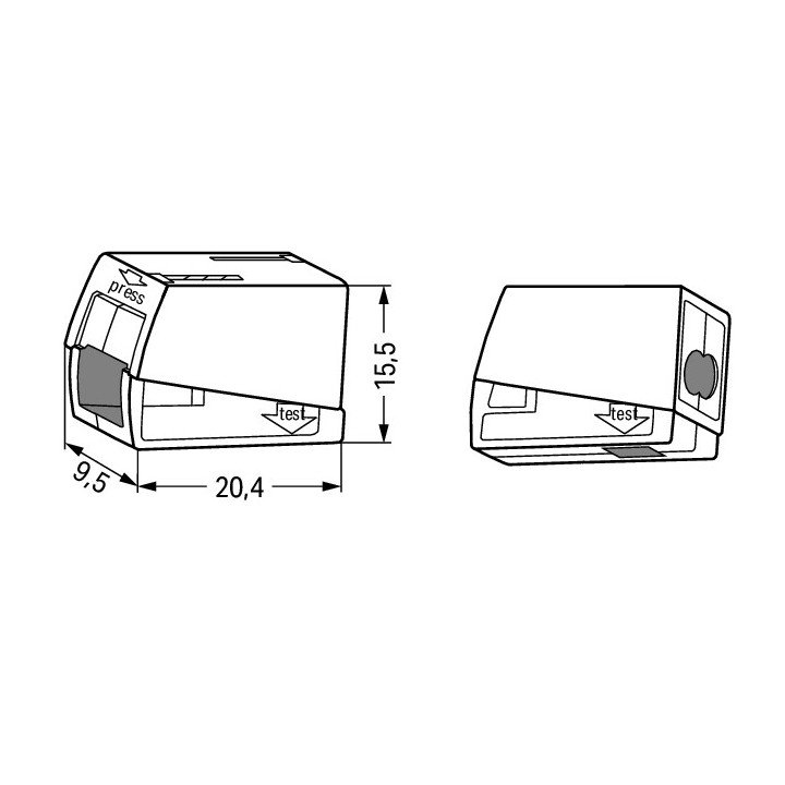 2-conductor lighting connector, push-button on lighting side, Lighting side: for all conductor types, Inst. side: for solid cond
