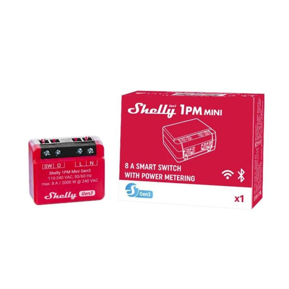 Shelly PLUS 1PM Mini GEN3, vieno kanalo WiFi ismaniosios reles jungiklis, su galios matuokliu (8A)