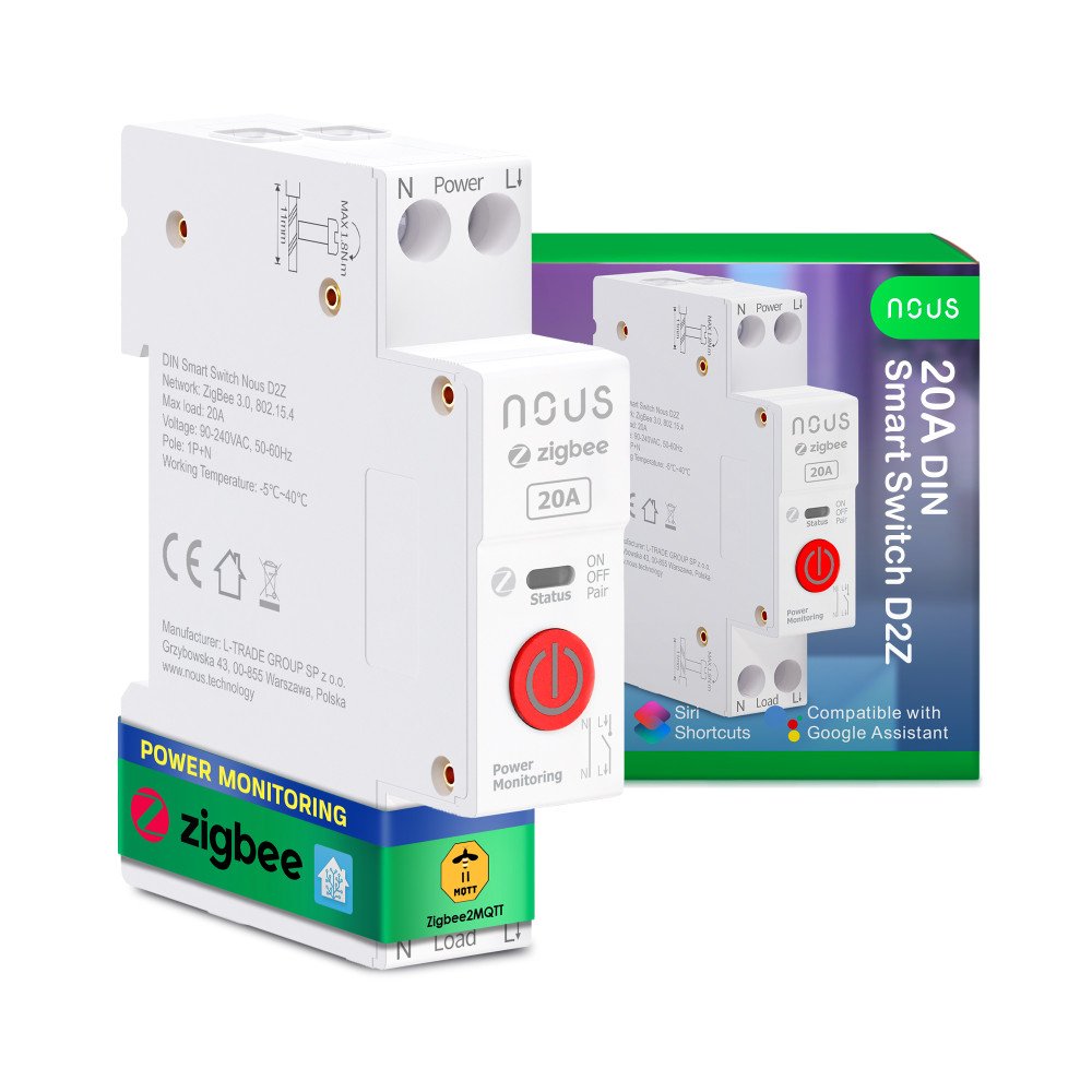Nous D2Z Zigbee DIN Smart Switch 20A (1 kanalas, su PM)