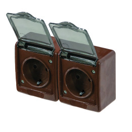 BETA surface socket 2-gang with grounding and transparent cover brown IP44