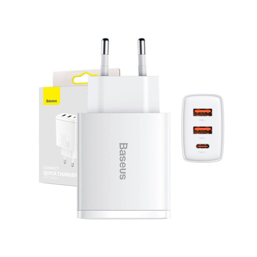 Baseus Compact Quick Charger, 2xUSB, USB-C, PD, 3A, 30W (white)