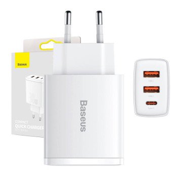 Baseuse kompaktne kiirlaadija, 2xUSB, USB-C, PD, 3A, 30W (valge)