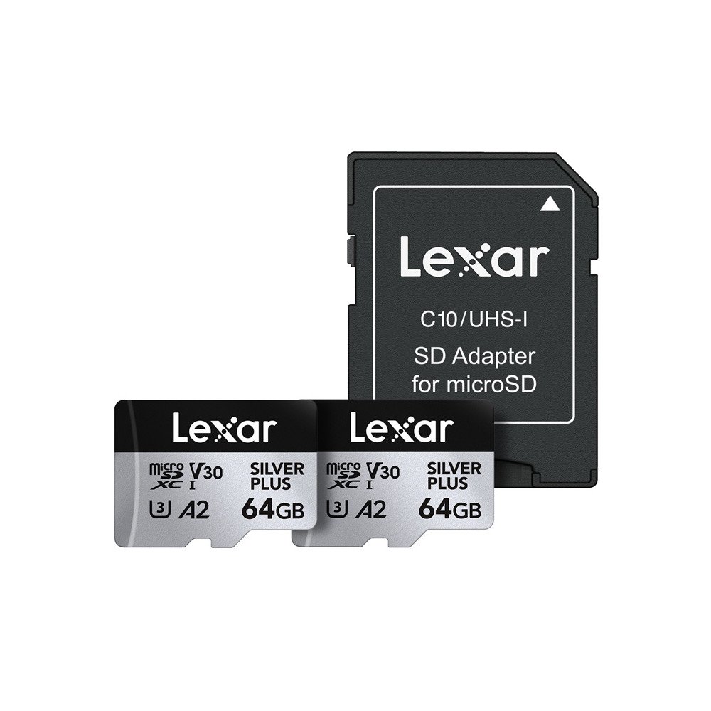 Komplektis 2 Lexari suure joudlusega Silver Plus microSDXC 2x64GB malukaarti + adapter