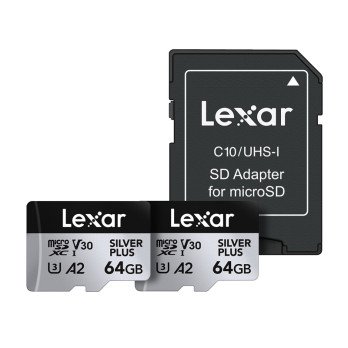 2 Lexar High-Performance Silver Plus microSDXC 2x64GB atminties korteliu rinkinys + adapteris