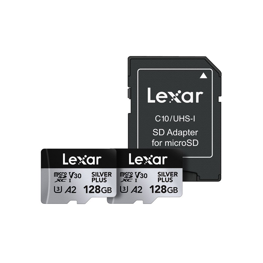 Set of 2 Lexar High-Performance Silver Plus microSDXC 2x128GB memory cards + adapter