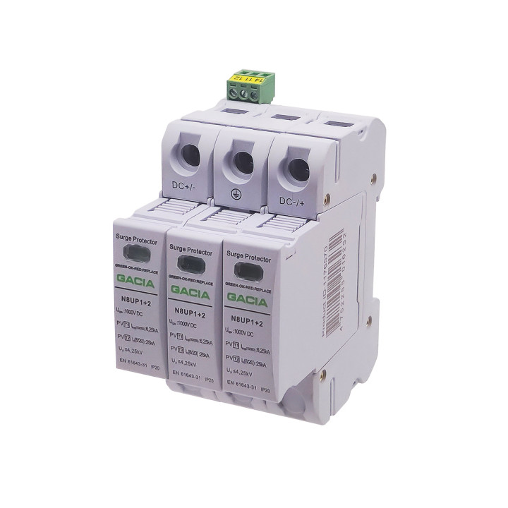 N8UP1+2-PV50 3P, DC1000V, T1+T2 tipo viršįtampių ribotuvai, 6,25kA, su aliarmo kontaktu 1NO