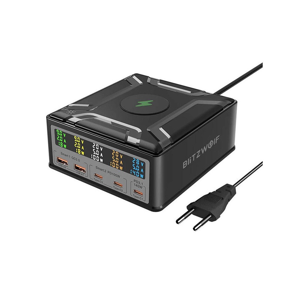 Blitzwolf BW-S28 260W, 2xUSB-A, 3xUSB-C, 15W belaidis ikroviklis (juodas)
