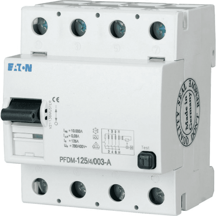 Eaton PFIM-100/4/03 4-полюсный выключатель дифференциального тока, тип AC 100 А 300 мА 230/400 В безаварийный IEC EN 61008 10 кА