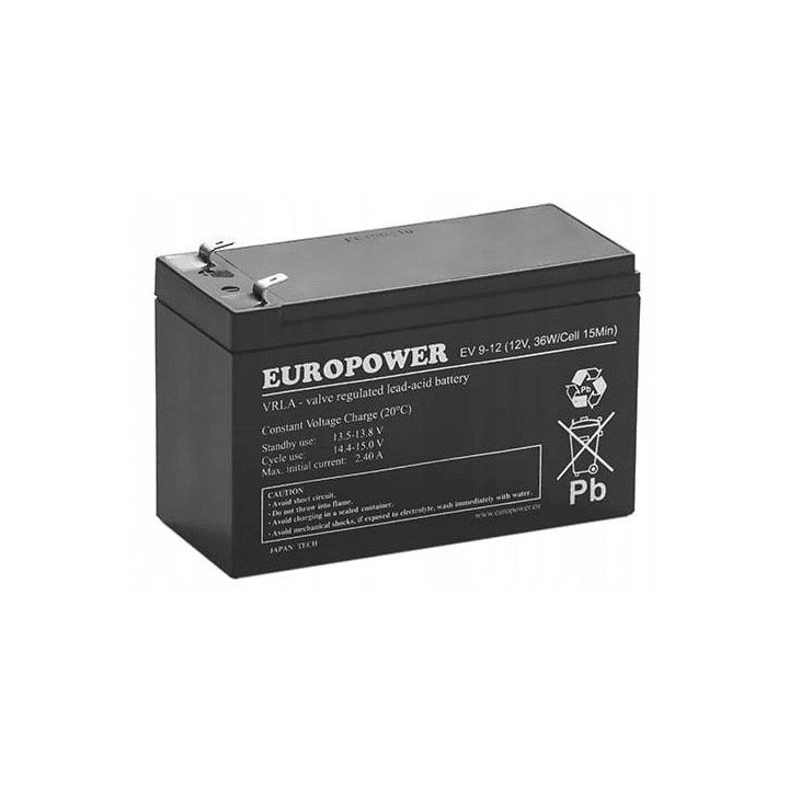 EUROPOWER EV 9-12 T1 – AGM akumulators 12 V, 8 Ah/C10, kalpošanas laiks 6–9 gadi