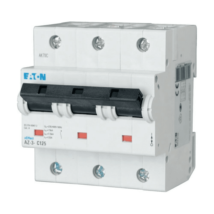 AZ AZ-3-B100 3-napainen ylivirtakatkaisija, ominaisuus B, 100 A, 400 V AC, Icu 20 kA, Ui 440 V, IP20, IEC 60947-2