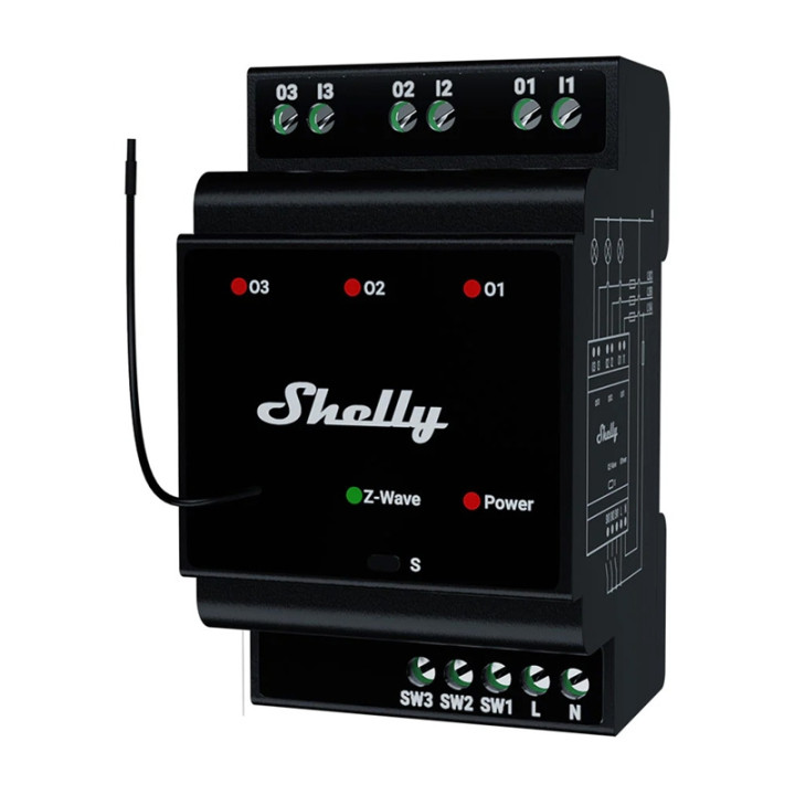 Shelly Qubino Wave PRO 3 viedais DIN-sliedes relejs ar 3 grupām, ar Z-Wave EU Long Range - Sonoff, SmartWise, Shelly ES vairumti