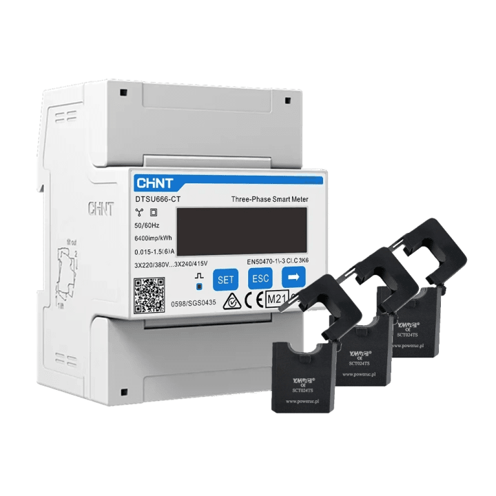 CHINT DTSU666-CT – trifazis Modbus matuoklis su 3 SCT024TS srovės transformatoriais 100/5 A