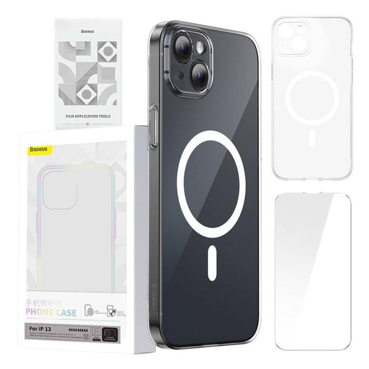Baseus Magnetic Crystal Clear Case for iPhone 13 (Transparent) with Tempered Glass & Cleaning Kit ARSJ010602