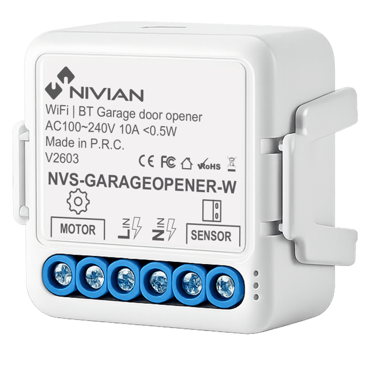 NIVIAN RETAIL NVS-GARAGEOPENER-W Умный Wi-Fi модуль реле для открывания гаражных ворот, 1 канал, 10А, совместим с Smarteg Smart 
