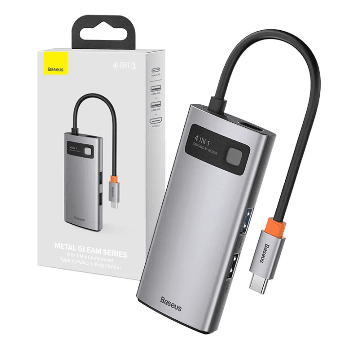 Hub 4in1 Baseus Metal Gleam Series, USB-C uz USB 3.0 + USB 2.0 + HDMI + USB-C PD