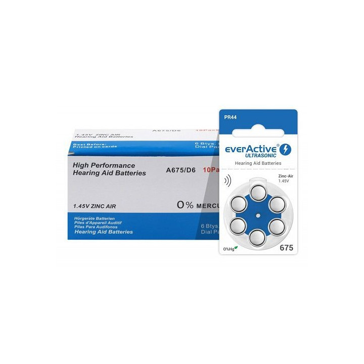 10x set: everActive Ultrasonic 675 PR44 1.45V Zinc Air Hearing Aid batteries 60pcs