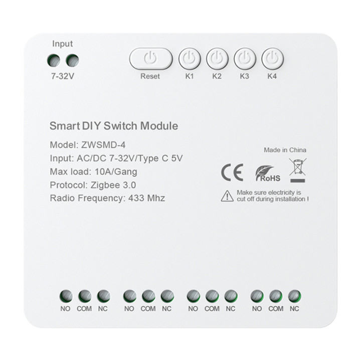 4-kanavainen ZigBee-kytkinmoduuli, jossa jännitteetön DC 32V kosketin Avatto ZWSMMD-4-32V