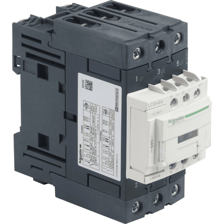 Schneider Electric TeSys D maitinimo kontaktoriaus 40A 3P 1NO 1NC ritės 24 VDC dėžutės gnybtai